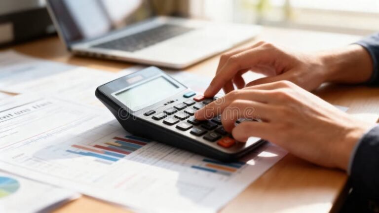 persona usando calculadora y laptop financiera